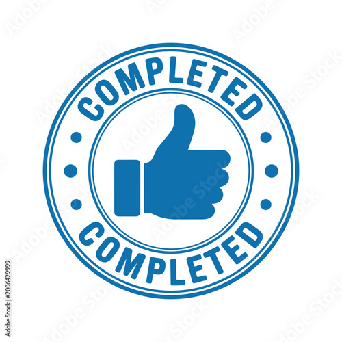 Blue thumbs up icon with completed text in circle  approval stamp