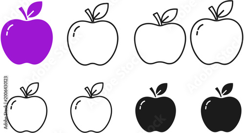 Collection of apples in various line art styles and colors on white background for food branding