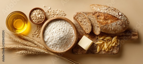 Wheat product concept background. Generative AI technology.	
