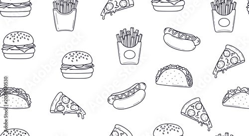 Seamless fast food pattern outline style street food snack background design