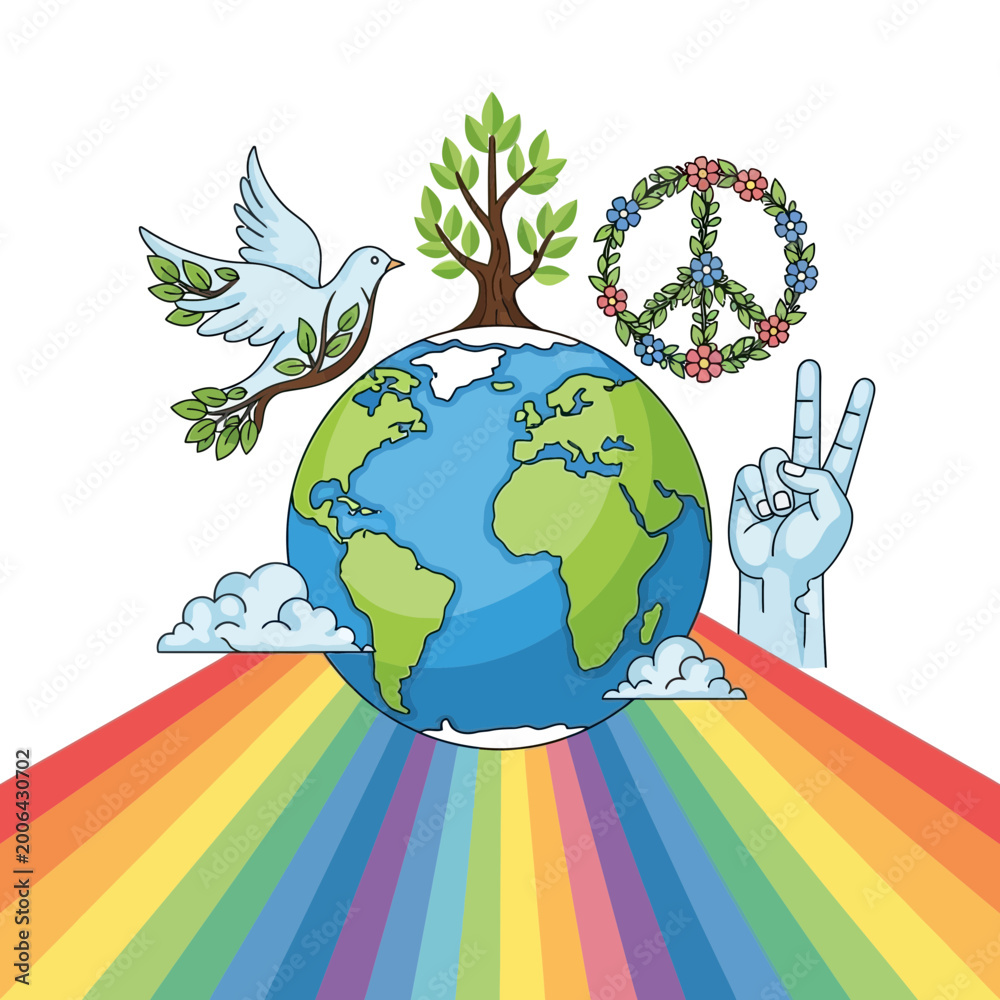 Obraz premium Peaceful Dove Above Earth with Rainbow and Tree Symbols of Unity