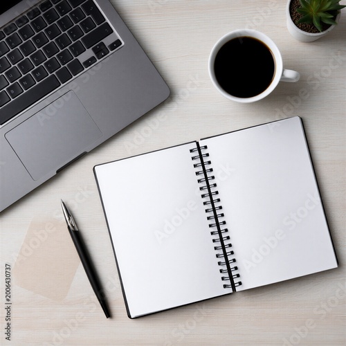 Minimal workspace with laptop notebook and coffee on desk