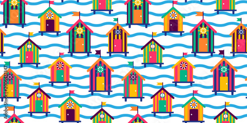 Cuadro en lienzo seamless pattern with colorful beach huts and blue sea waves background vibrant
