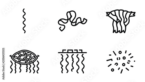 Photos Noodle Icon Set: Simple hand-drawn illustrations that showcase the versatility of noodles in various forms and preparations, offering a glimpse into culinary possibilities