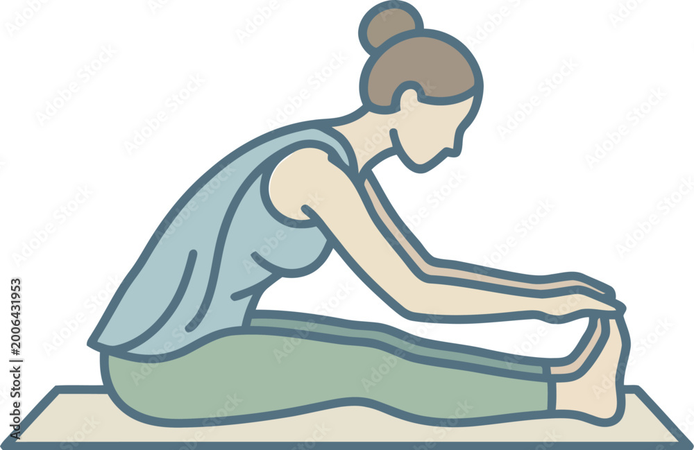 Fototapeta premium Woman practices a seated forward fold yoga pose on a neutral exercise mat.