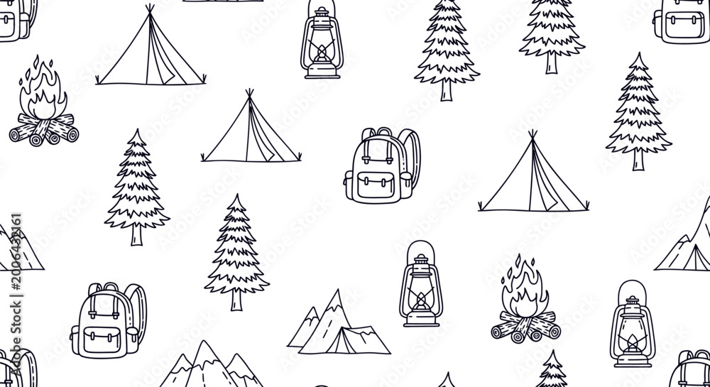 Fototapeta premium Seamless camping outdoor pattern outline style adventure nature background design