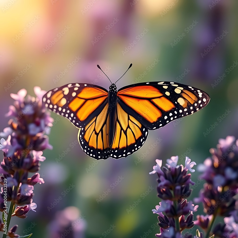 Obraz premium Monarch butterfly perched on lavender flowers in a garden.