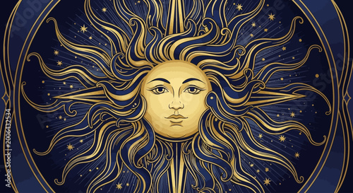 Mystical golden sun illustration with a serene human face, its elaborate rays glowing against a deep blue cosmic background filled with stars, symbolizing divine energy and ancient wisdom
