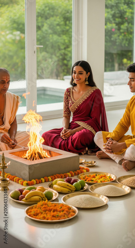 happy indian family performing a traditional hindu fire ritual indoors