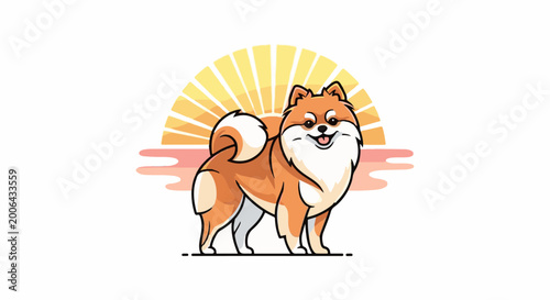 A fluffy dog stands proudly before a stylized sunrise, its tail curled high