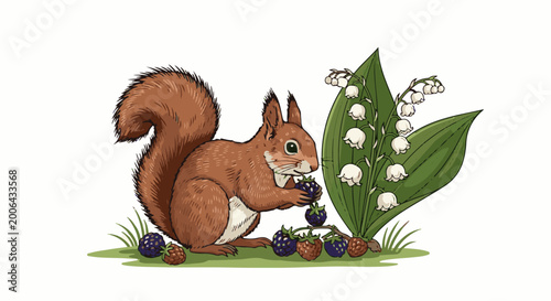 A fluffy squirrel dines on ripe berries near delicate white flowers