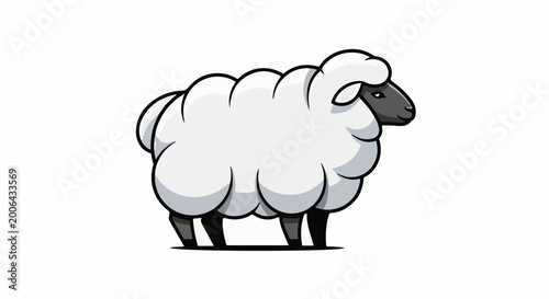 A fluffy, cartoon-style sheep with black face, standing sideways on white