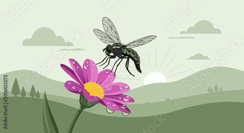 A fly hovers over a dew-kissed flower at sunrise in a serene landscape