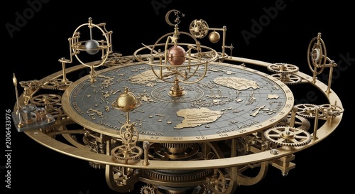 Intricate Celestial Orrery Mechanism with Golden Gears