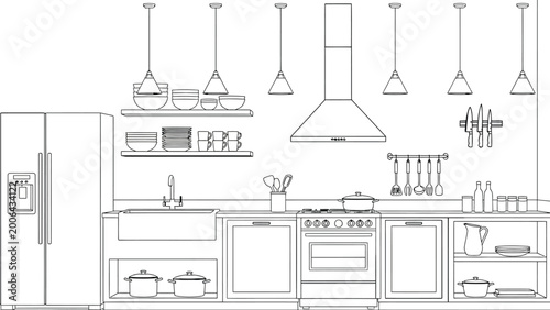 Tableau sur toile Kitchen interior design line art showing modern stove oven range hood cabinets shelves with dishes pots and hanging utensils for culinary preparation room