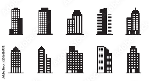 Cuadro en lienzo Set of ten simple black flat icons of tall buildings with many windows on white background