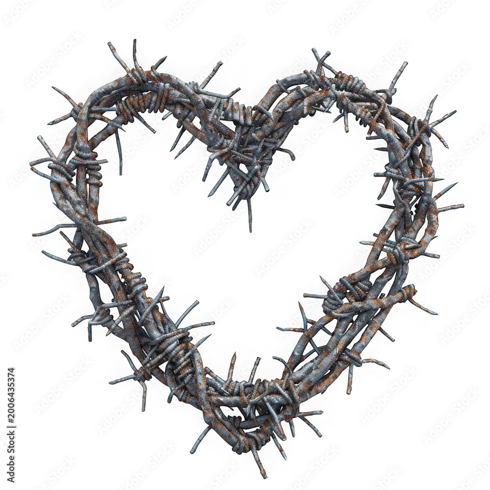 Fototapeta premium Barbed wire heart shape rusty metal on transparent 