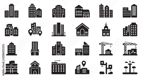 Foto Comprehensive building icon set for urban planning construction sites and architectural art