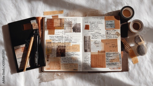 Open notebook with collage elements, washi tape, and pens alongside a closed notebook. Warm light falls upon the scene