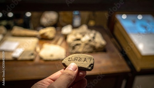 A hand holding a small clay tablet inscribed with ancient Linear A script, an archaeological discovery from a Minoan palace.