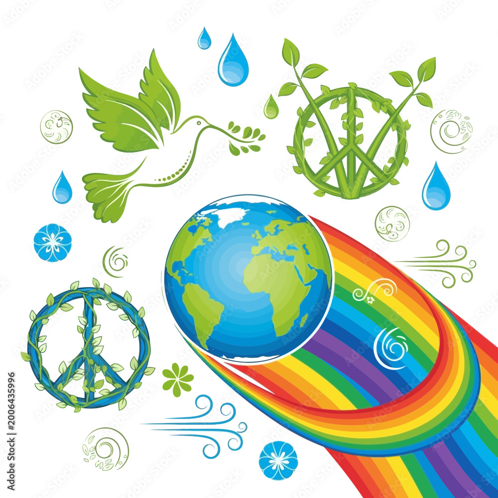 Obraz premium Peaceful Dove Flies Above Colorful Earth and Rainbow Landscape