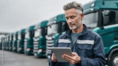 Truck driver using a tablet to check the fleet of trucks.