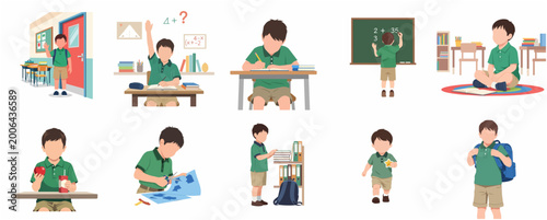 Konstfotografi Collection of vector illustrations featuring a young schoolboy in various classr