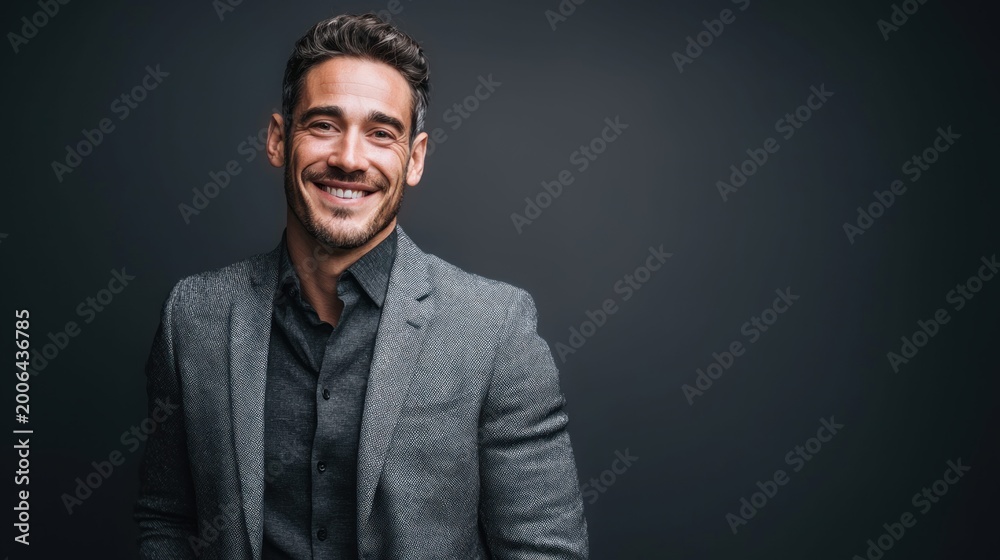 Obraz premium Smiling businessman in a gray suit looking at the camera with a confident expression