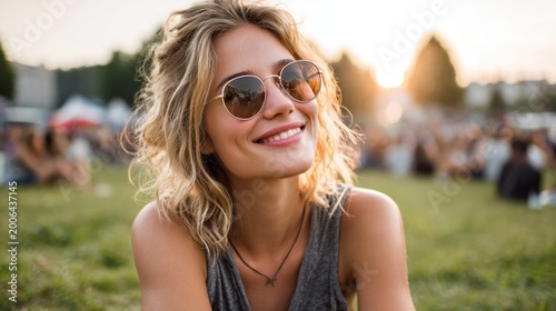 Smiling woman wearing sunglasses at an outdoor music festival during golden hour