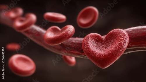 Red blood cells shaped like hearts flow through a vein.