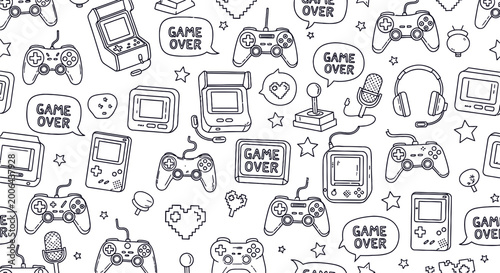 Seamless gaming pattern outline style video game controller background design