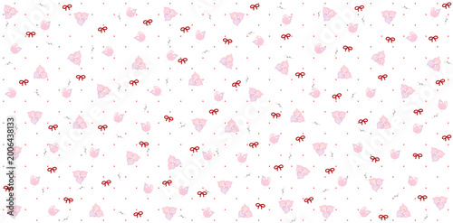 Bild auf Leinwand Cute seamless pattern with pink bougainvillea flowers, red bows, and tiny dots on white background