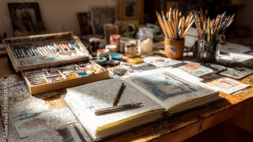 A cluttered wooden desk in an artist's studio, filled with brushes, paints, pastels, sketches, and an open notebook