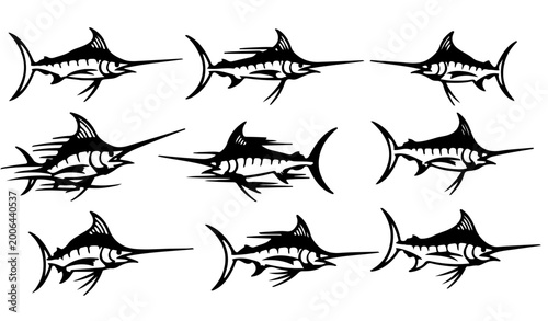 Canvas Print blue marlin swordfish silhouette collection for fishing tournament, jumping sail