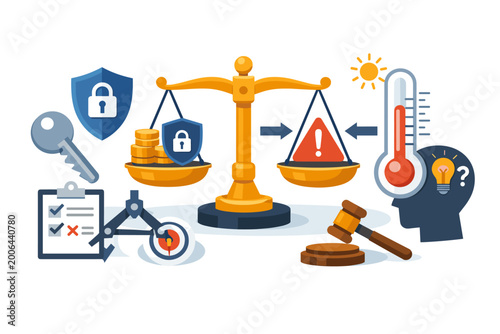 Conceptual vector illustration featuring justice balance scale weighing security and risk, legal gavel, financial coins, precision tools, temperature tracking, and human mind decision making process.