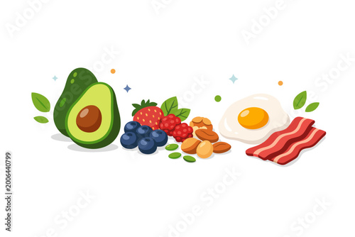 Schilderij op canvas Ketogenic Diet Food Set Vector Illustration Featuring Fresh Avocado, Mixed Berries, Healthy Nuts, Seeds, Fried Egg, and Crispy Bacon Strips for Low Carb Nutrition and Healthy Lifestyle Concept
