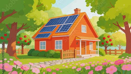Orange house with solar panels in garden