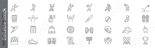 Cricket sport and equipment icon set – editable outline symbols of batsman, bowler, fielding, umpire, match, stadium and tournament