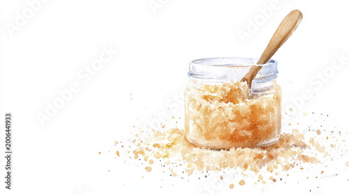 Watercolor illustration of jar filled with brown sugar and wooden spoon, creating warm and inviting atmosphere