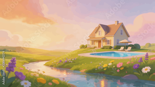 House with pool and flowers in countryside