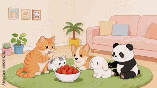 Cats dog rabbit and panda on rug