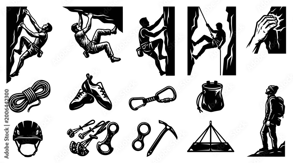 Obraz premium Climbing Gear Icons Set: Rock Climbing, Mountaineering, Adventure Sports, Vector Art