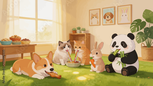 cartoon animals eating together