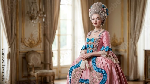Elegant woman in historical rococo dress standing in luxurious palace interior, vintage fashion and aristocratic style