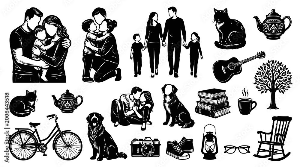 Obraz premium Black White Silhouette Icons of Family, Pets, Home Objects, Music, Nature