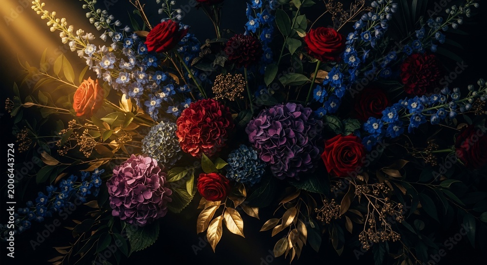 Fototapeta premium dramatic floral arrangement with roses and hydrangeas in dark background
