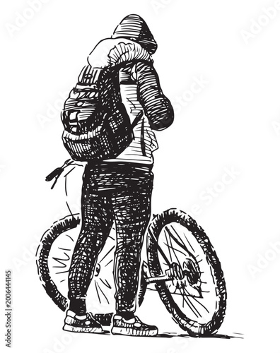 Sketch of one young citizen, teenager with bicycle stopped outdoors, realistic hand drawing, vector illustration isolated on white