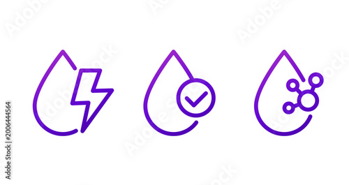 Electrolyte line icons with water drops, molecule and check mark