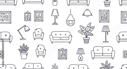 Furniture interior seamless pattern line art vector living room background