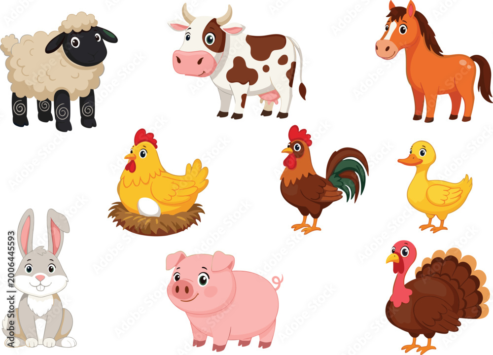 Fototapeta premium Cute Farm Animal Vector Set Featuring Sheep, Cow, Horse, Rabbit, Chicken, Duck, Pig, and Turkey.